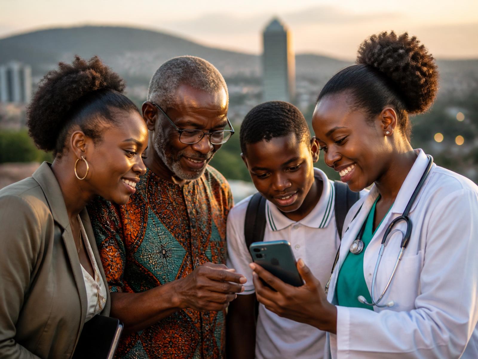 Ugandan doctor smiling with a patient in a bright clinic
